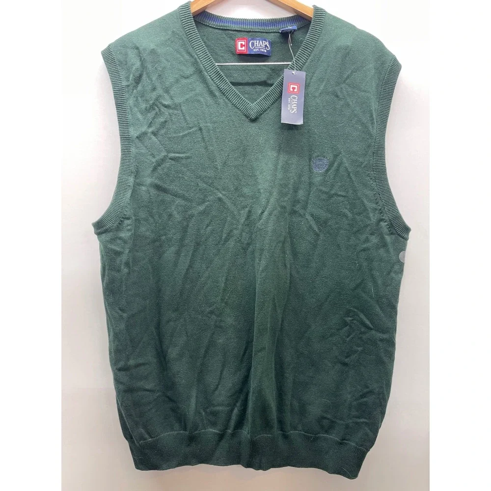 Chaps Mens V-Neck Sweater Vest Hunter Green 100% Cotton Large NWT 0668014